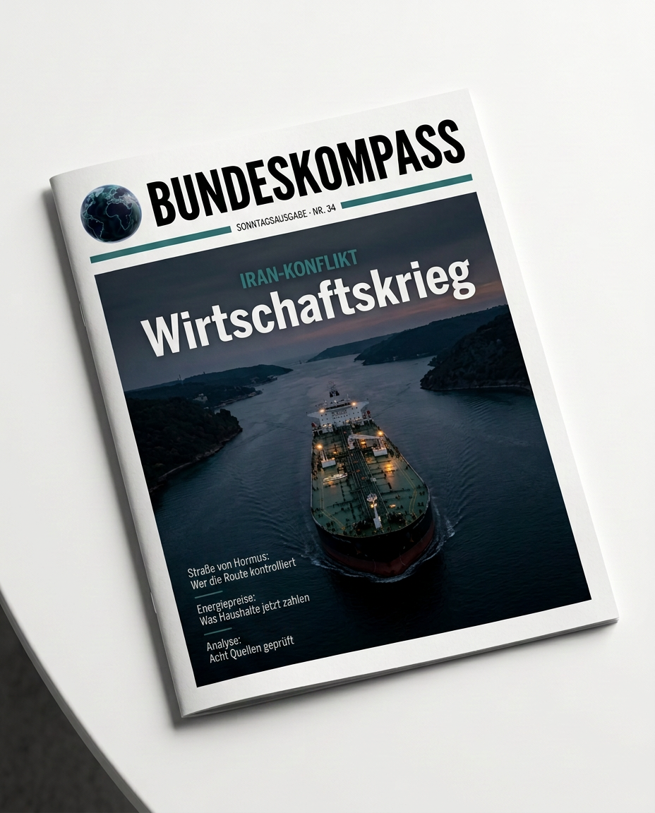 Gedruckte Bundeskompass-Sonntagsausgabe mit der Titelgeschichte Wirtschaftskrieg